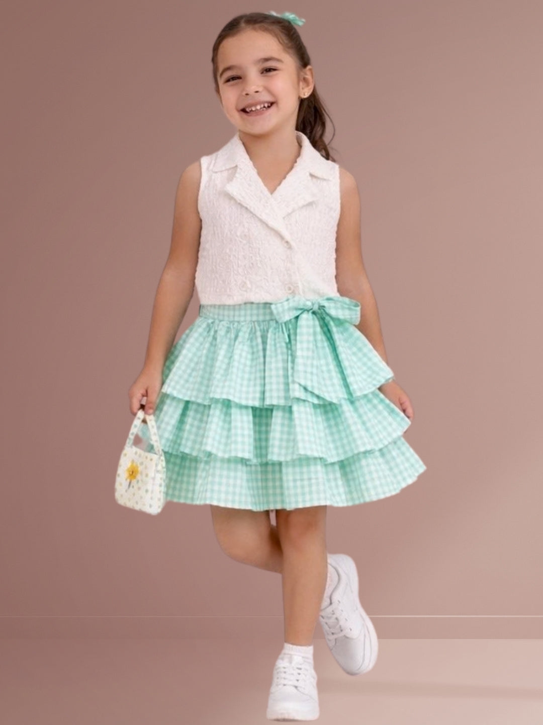 Citrus Crush Girls White Cotton Top and Green Skirt
