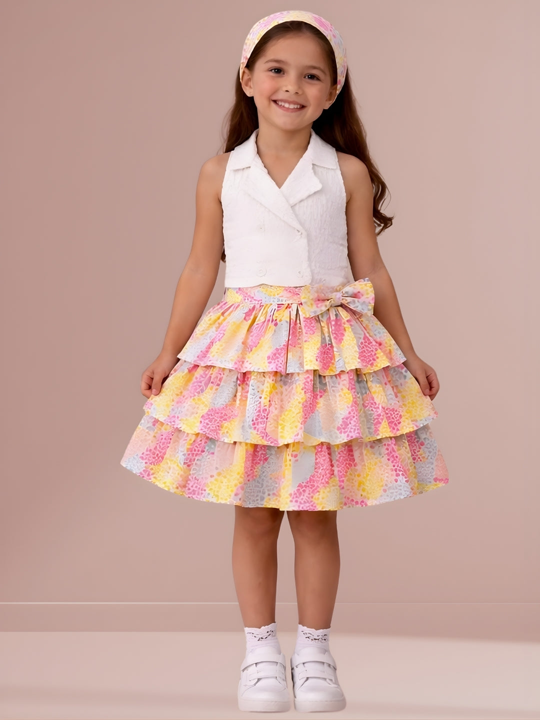 Citrus Crush Girls White Cotton Top and Multi Skirt