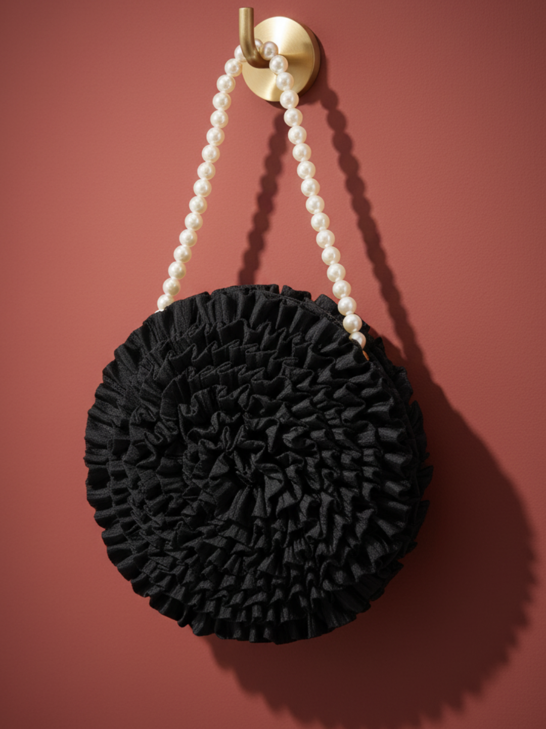 Lil Drama 3D Rose Fashion Handbag withwith Pearl Handle - Black