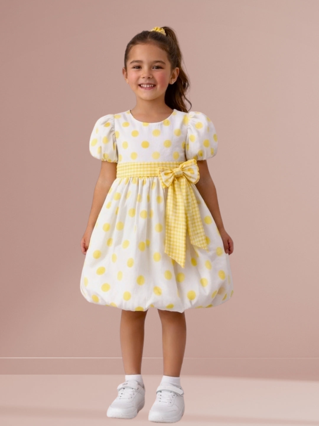 Lil Drama Cotton Short Sleeves Polka Dot Print with Bow Dress