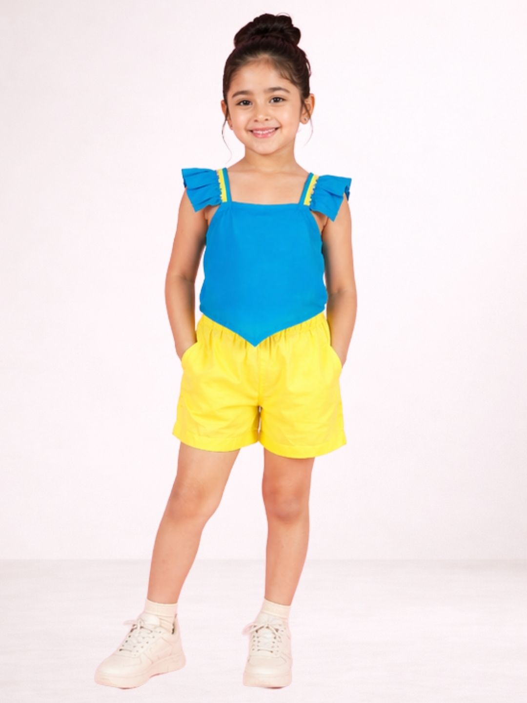 Petal Play Girls Blue Cotton Top with Yellow Shorts Set