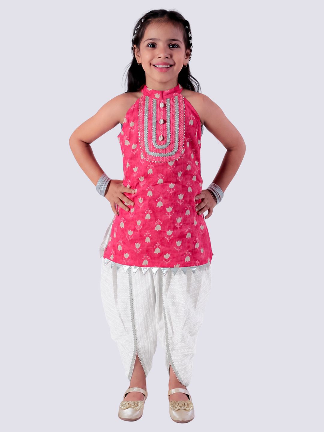 Jaipur Girls Red Cotton Kurta with Dhoti Ethnic Set