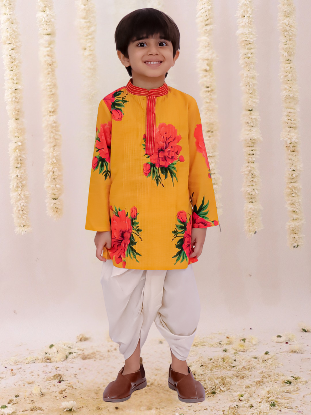 Genda Phool Mustard Kurta and White Dhoti Set for Boys