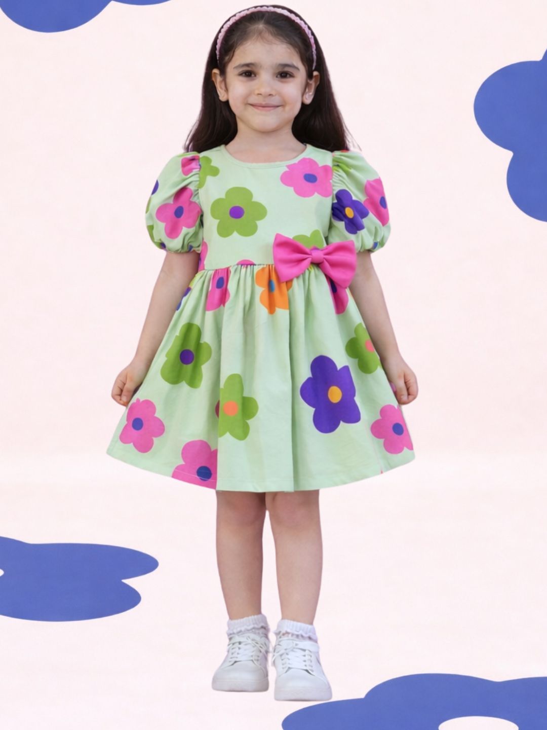 Petal Play Girls Cotton Green Floral Dress