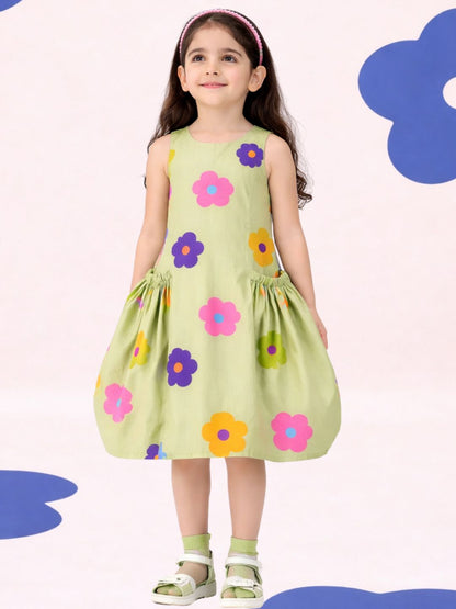 Petal Play Girls Green Cotton Floral Dress