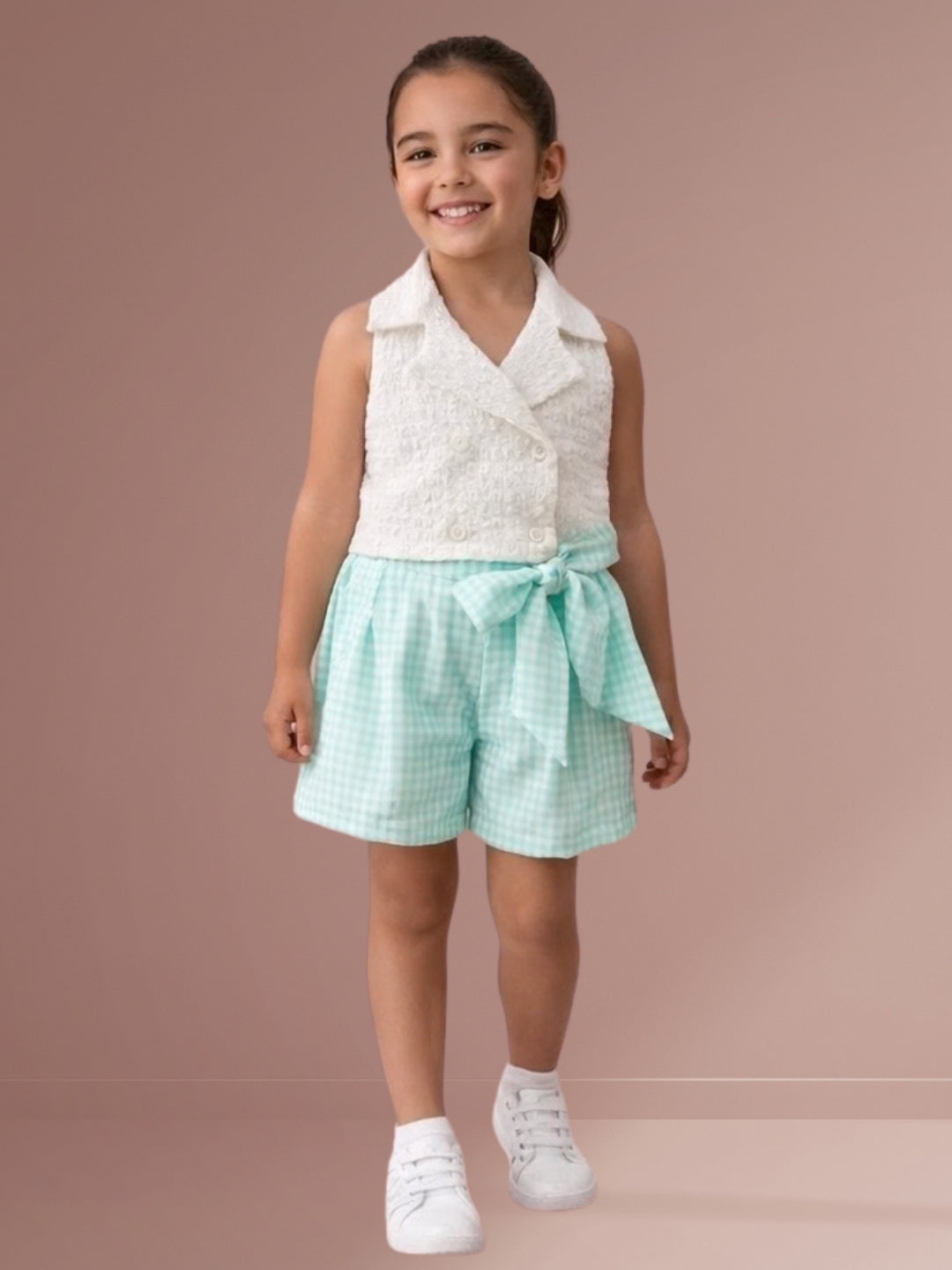 Citrus Crush Girls White Cotton Top and Green Short