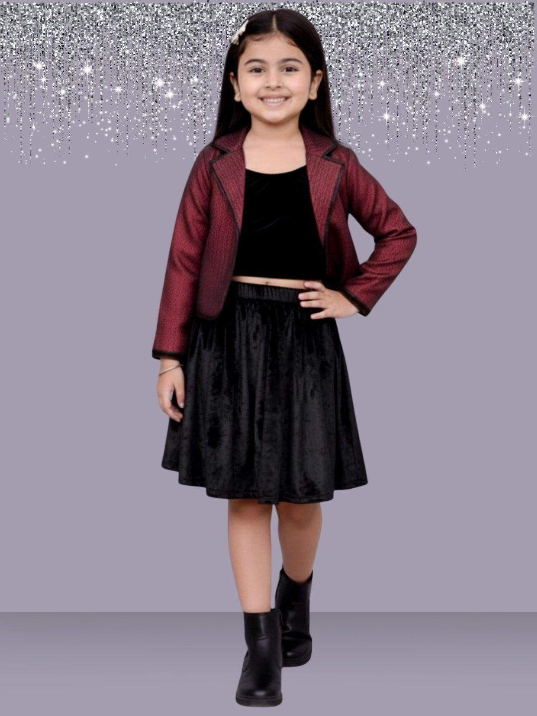Glam up Girls Party Maroon Jacket and Velvet Skirt