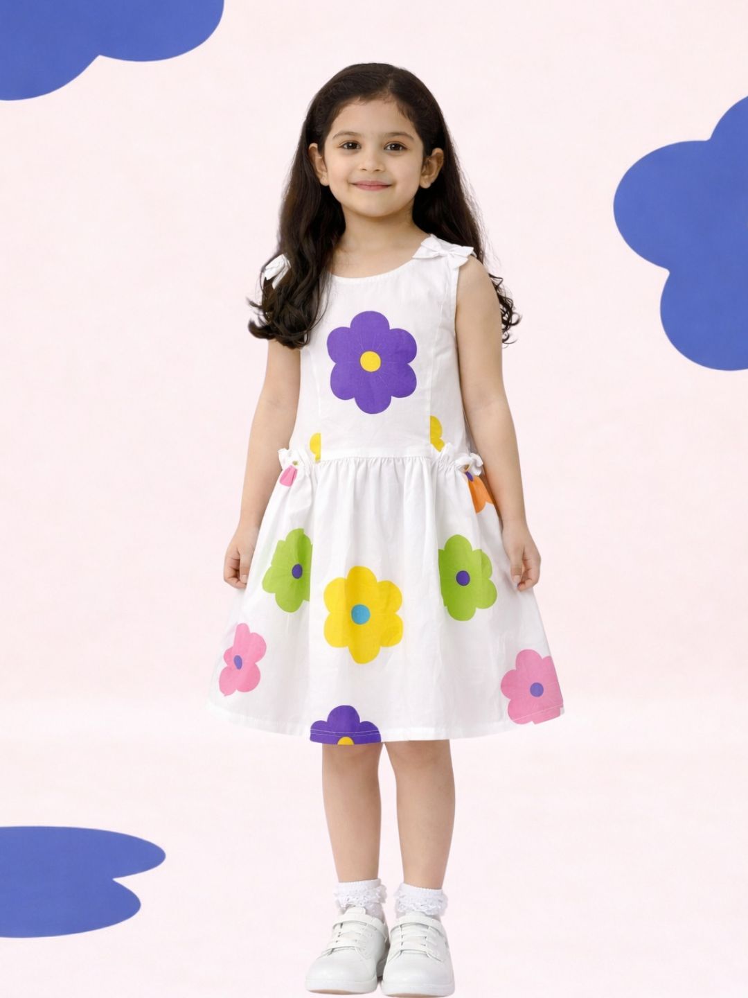 Petal Play Girls White Cotton Floral Dress