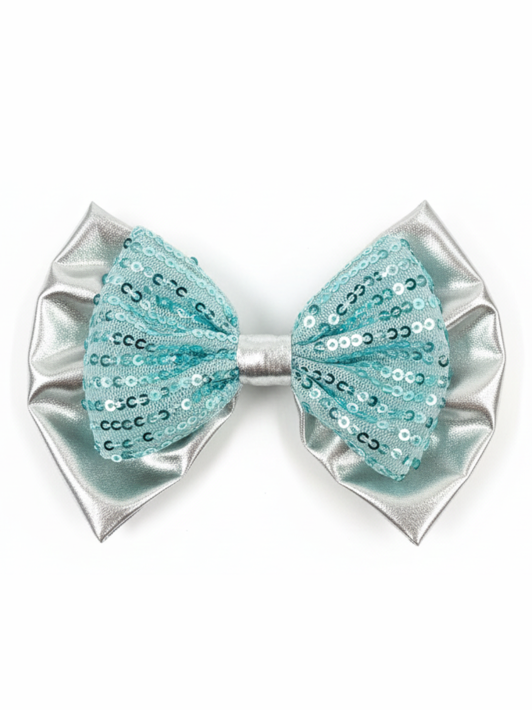 Lil Drama Ice Blue Sequin and Silver Satin Hair Bow Clip - Silver and Blue