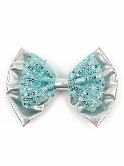 Lil Drama Ice Blue Sequin and Silver Satin Hair Bow Clip - Silver and Blue