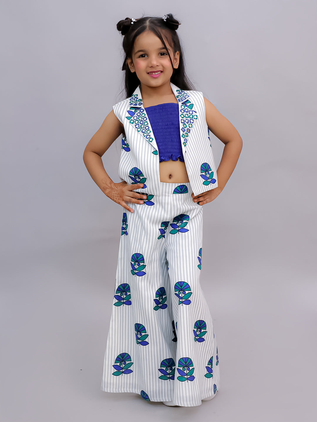 Shor-Gul White Jacket and Pant With Blue Bustier Set For Girls