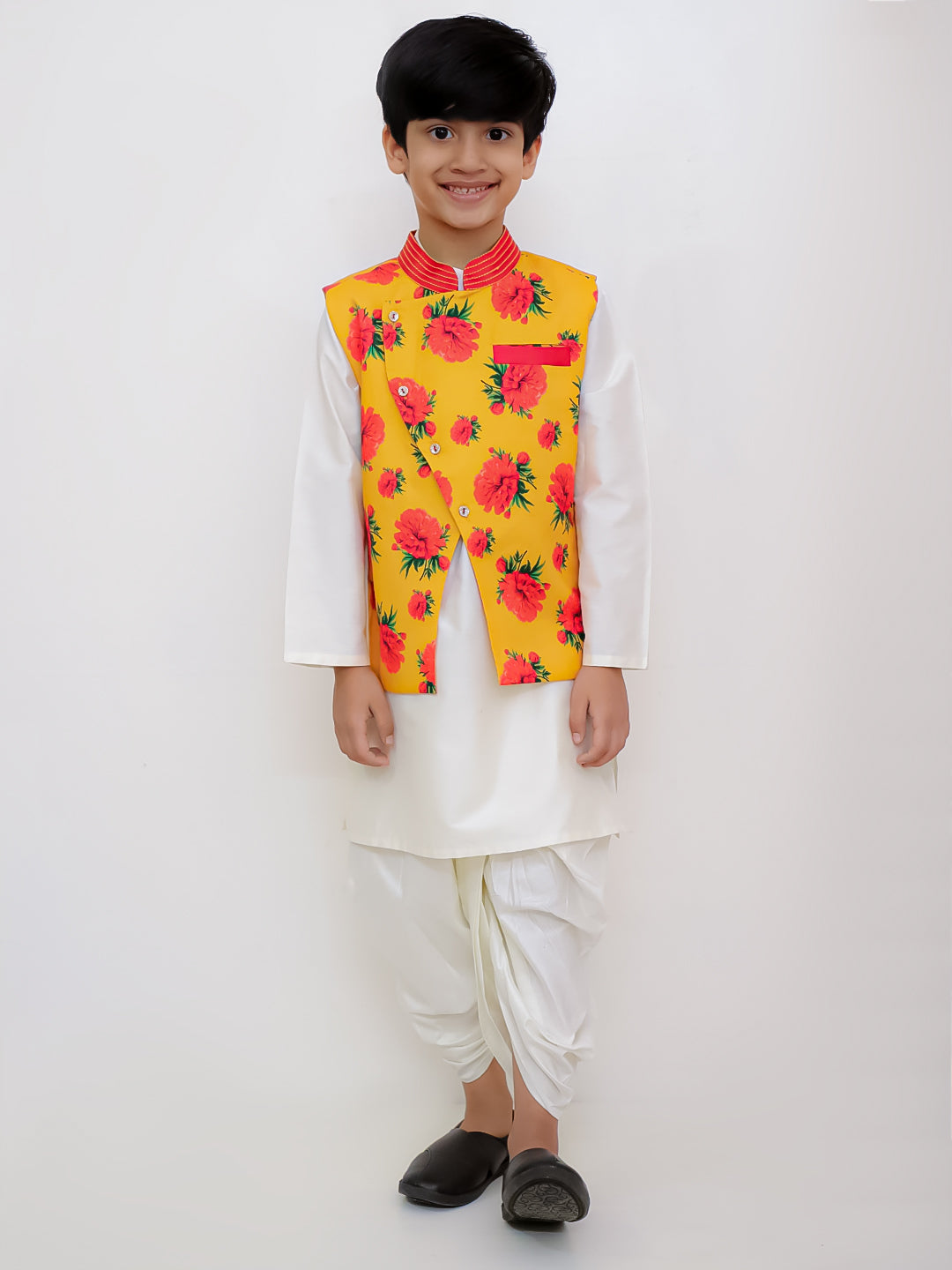Genda Phool White Kurta and Dhoti with Mustard Jacket Set for Boys