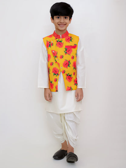 Genda Phool White Kurta and Dhoti with Mustard Jacket Set for Boys