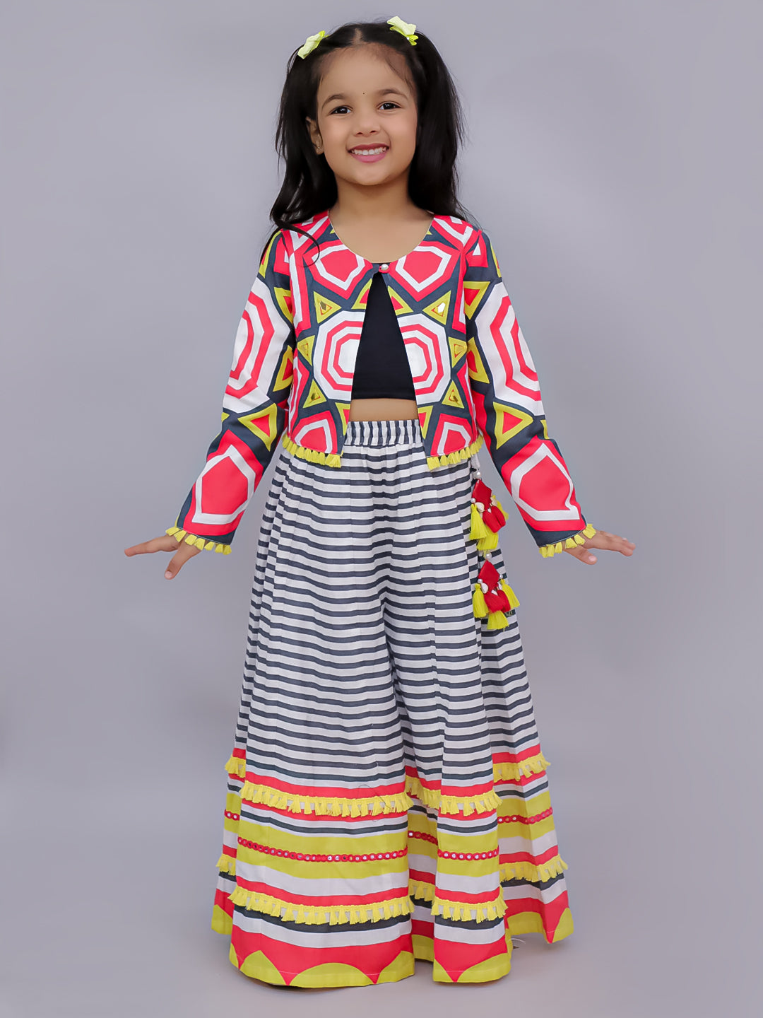 Shor-Gul Multicolor Top Pant with Jacket Set For Girls