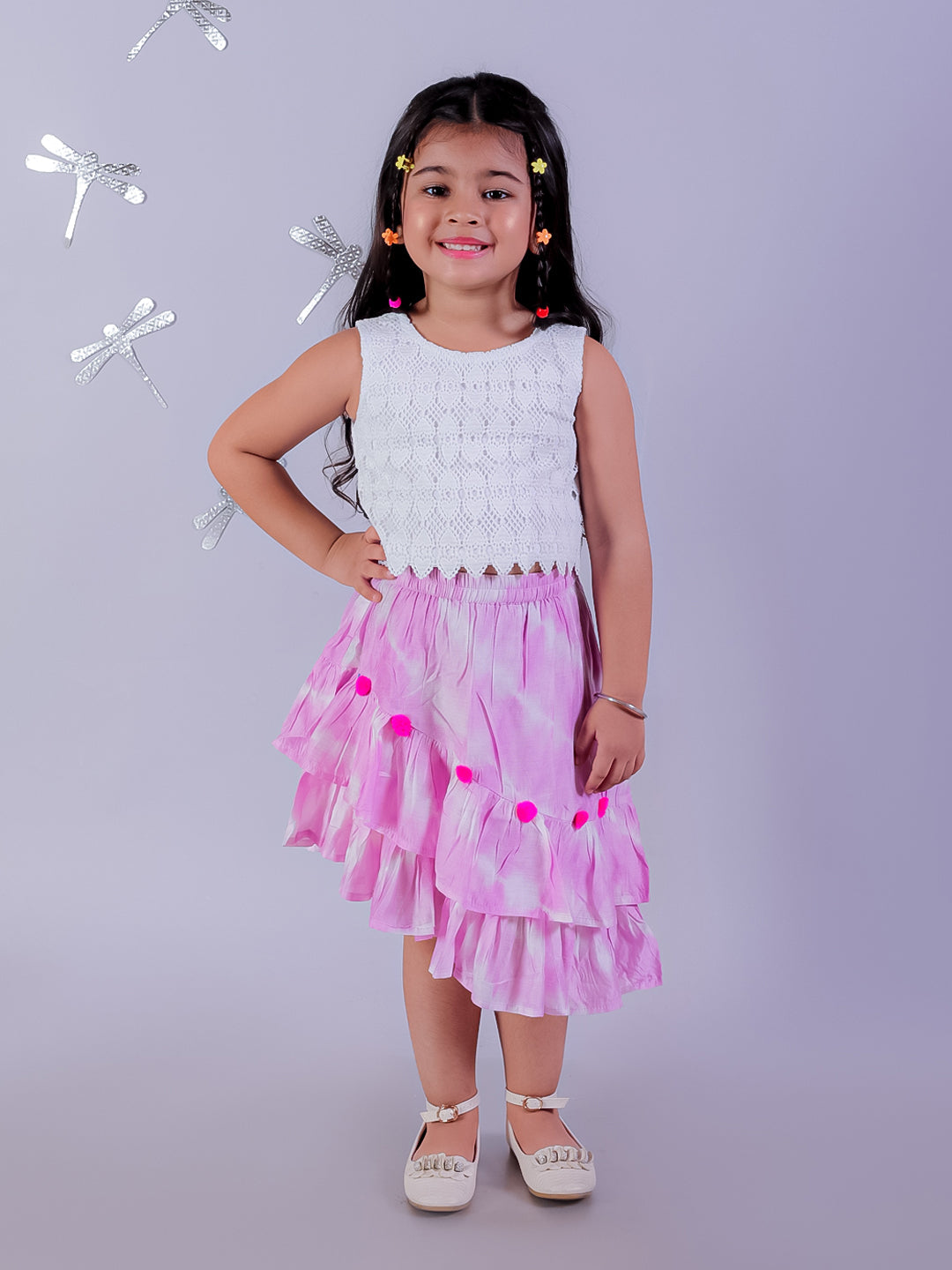 Shibori Print White Top with Pink Skirt Set For Girls