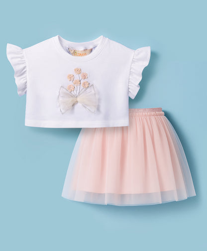 Paris Night White T-shirt with Pink Skirt Set For Girls
