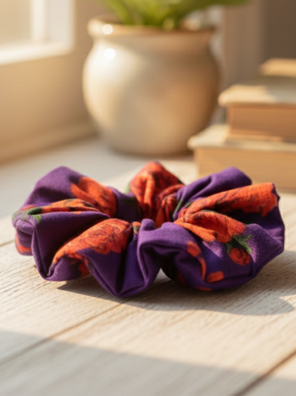 Lil Drama Floral Print Purple and Red Rose Pattern Hair Scrunchie - Purple