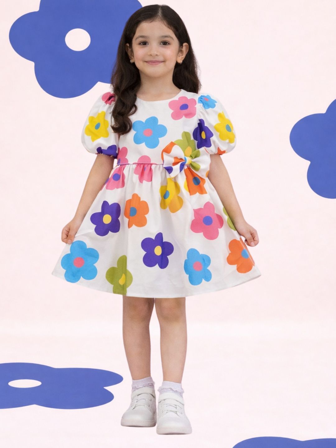 Petal Play Girls Cotton White Floral Dress