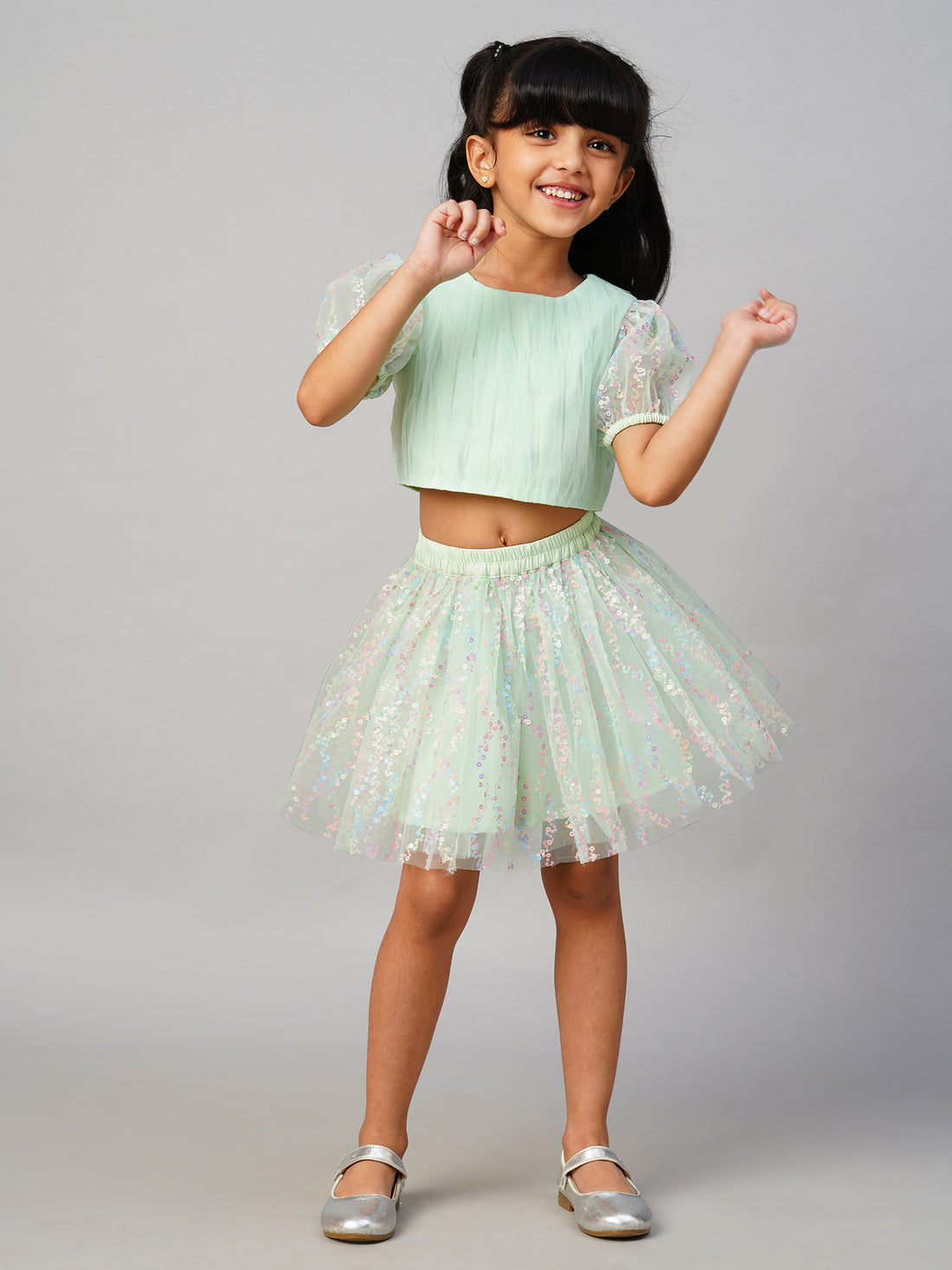 Paris Nights Girls Sea Green 3D Flower Party Skirt with Top set