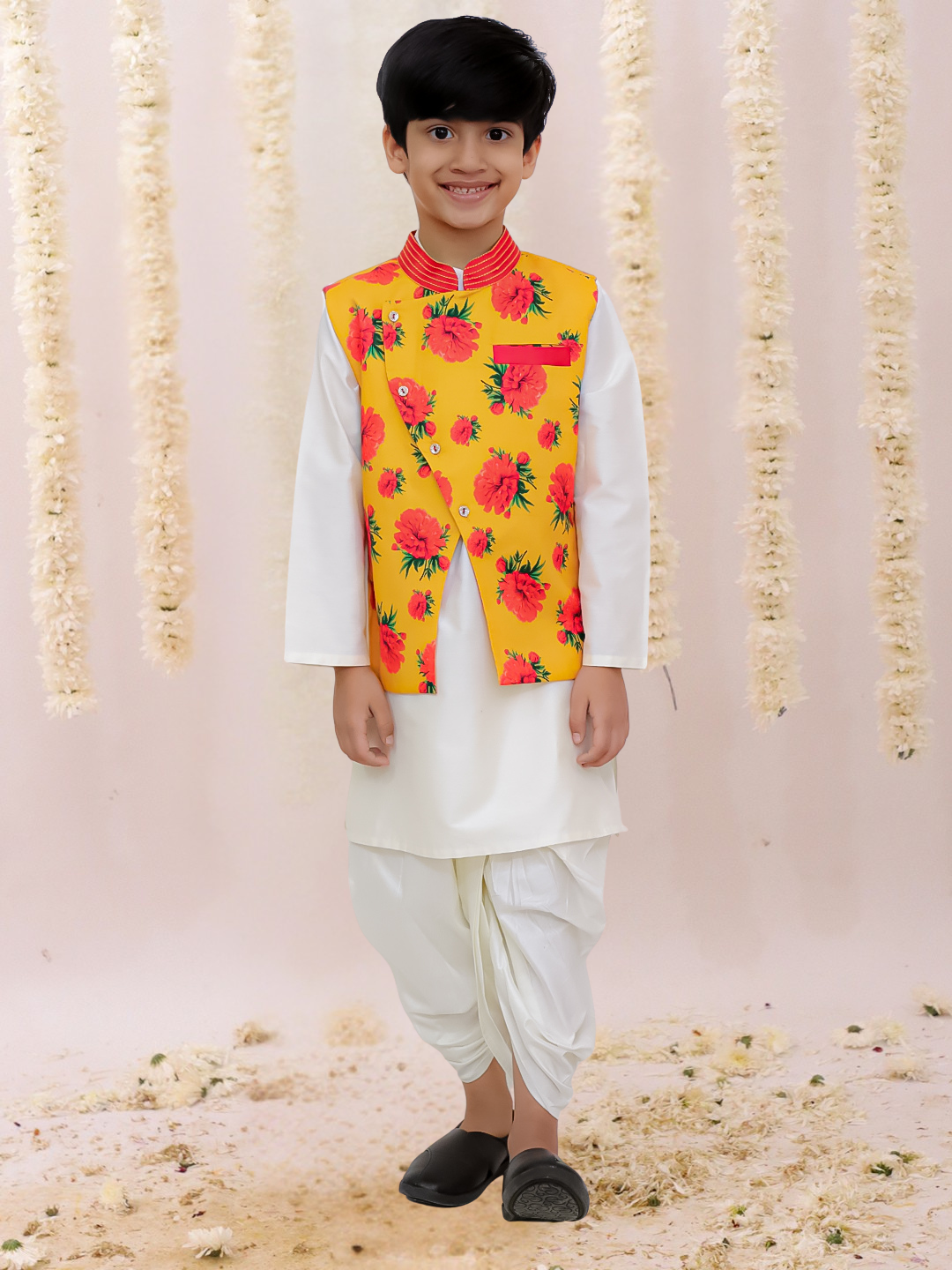 Genda Phool White Kurta and Dhoti with Mustard Jacket Set for Boys