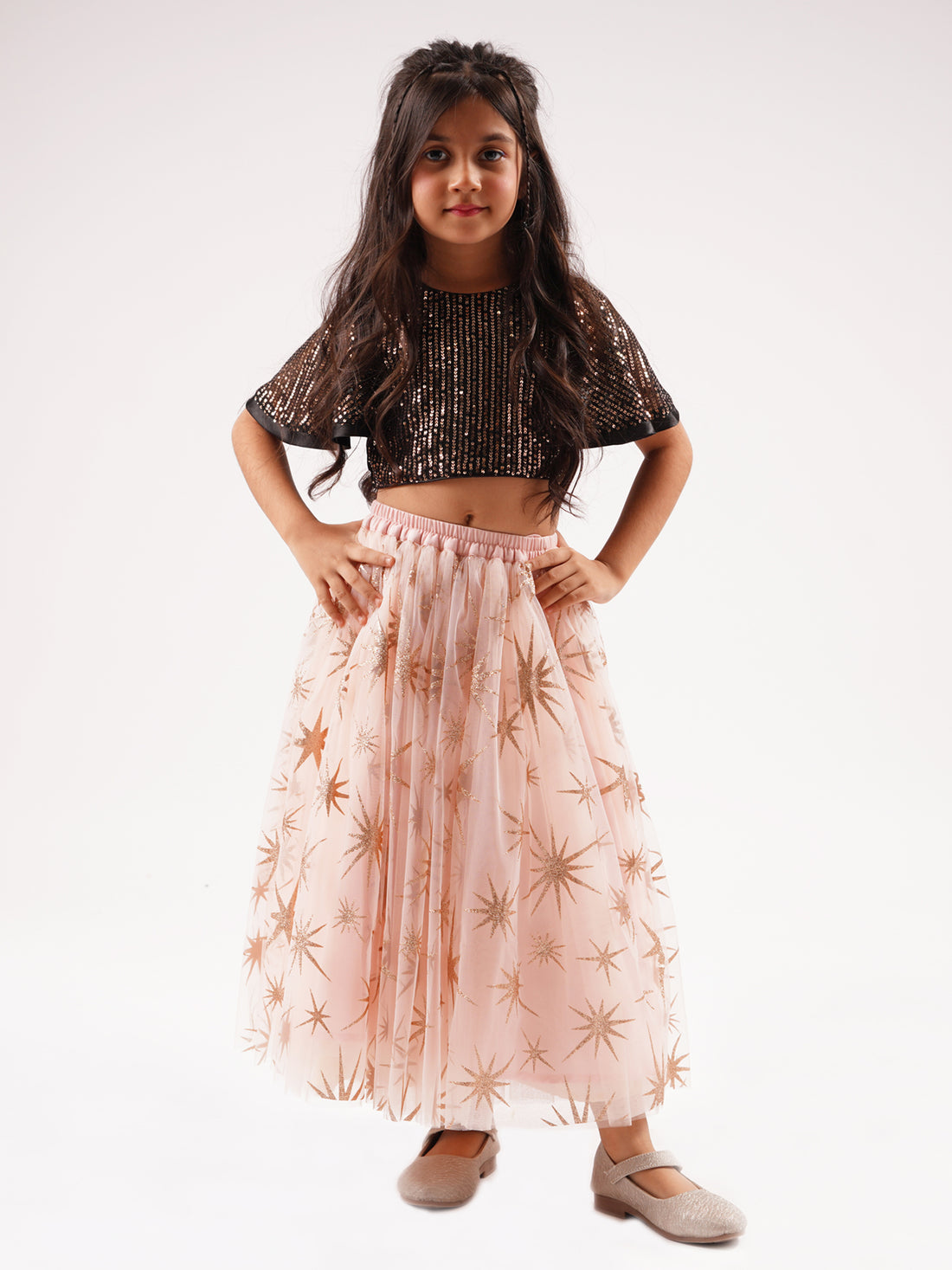 Paris Nights Girls Peach Sequin Choli Printed Lehanga