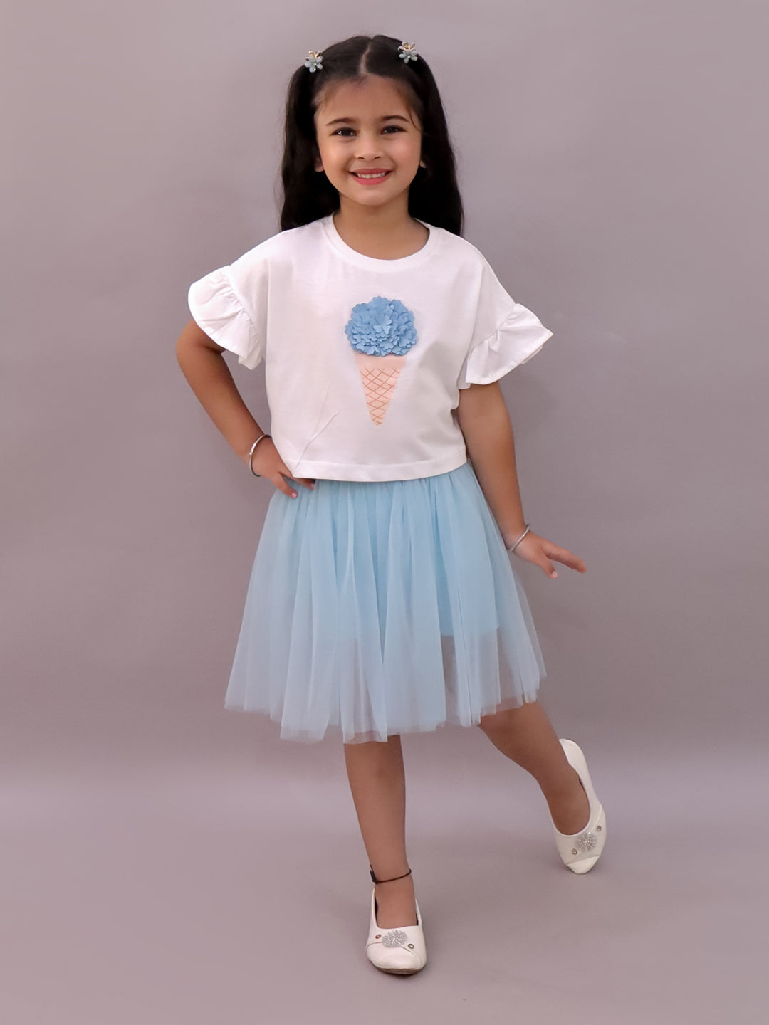 Paris Night White T-shirt with Blue Skirt Set For Girls