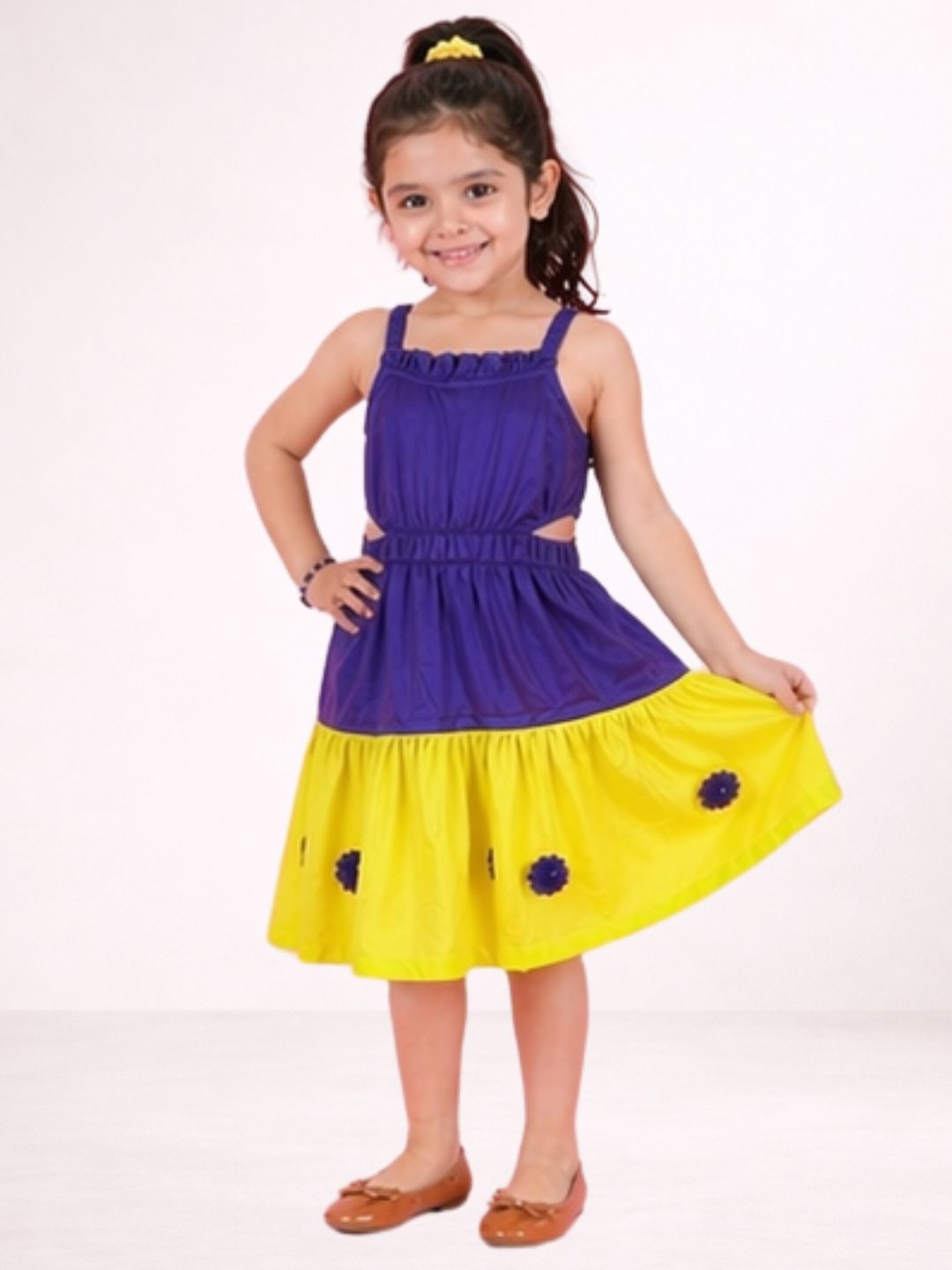 Petal Play Girls Cotton Purple and Yellow Dress