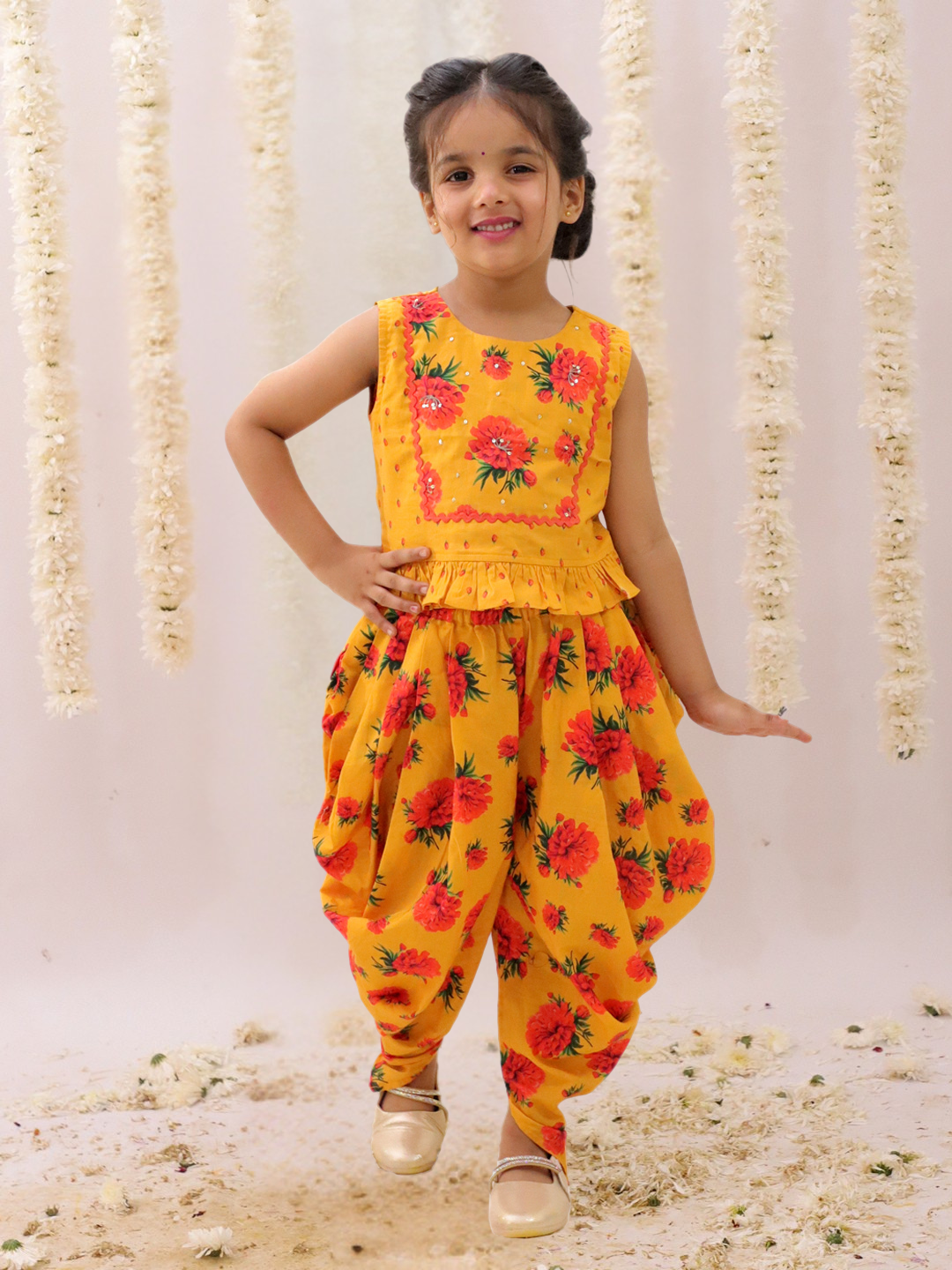 Genda Phool Mustard Crop Top and Dhoti Set For Girls