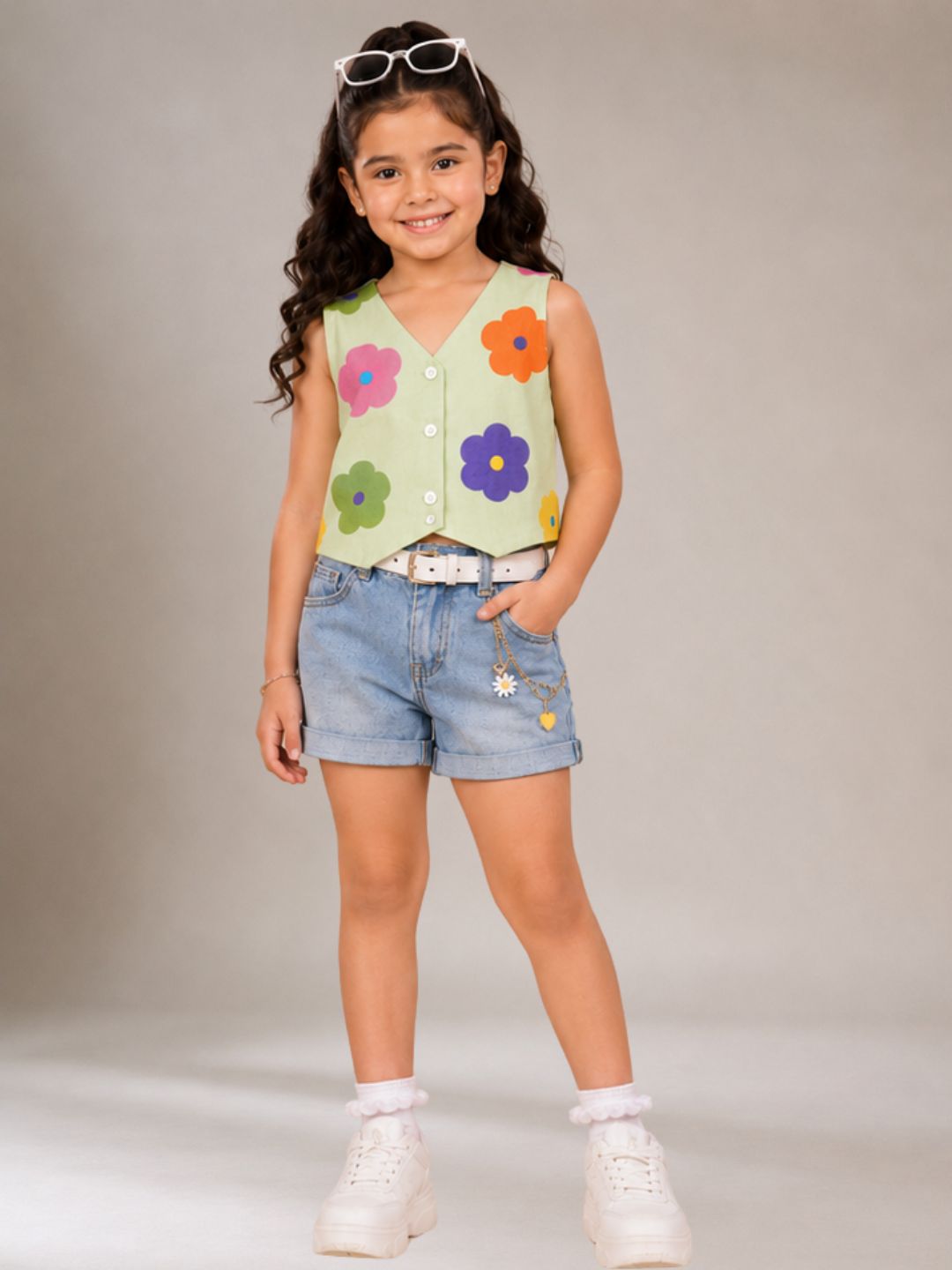 Petal Play Girls Floral Green Top