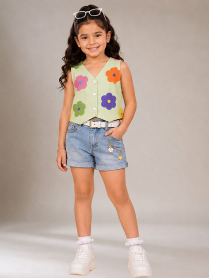 Petal Play Girls Floral Green Top
