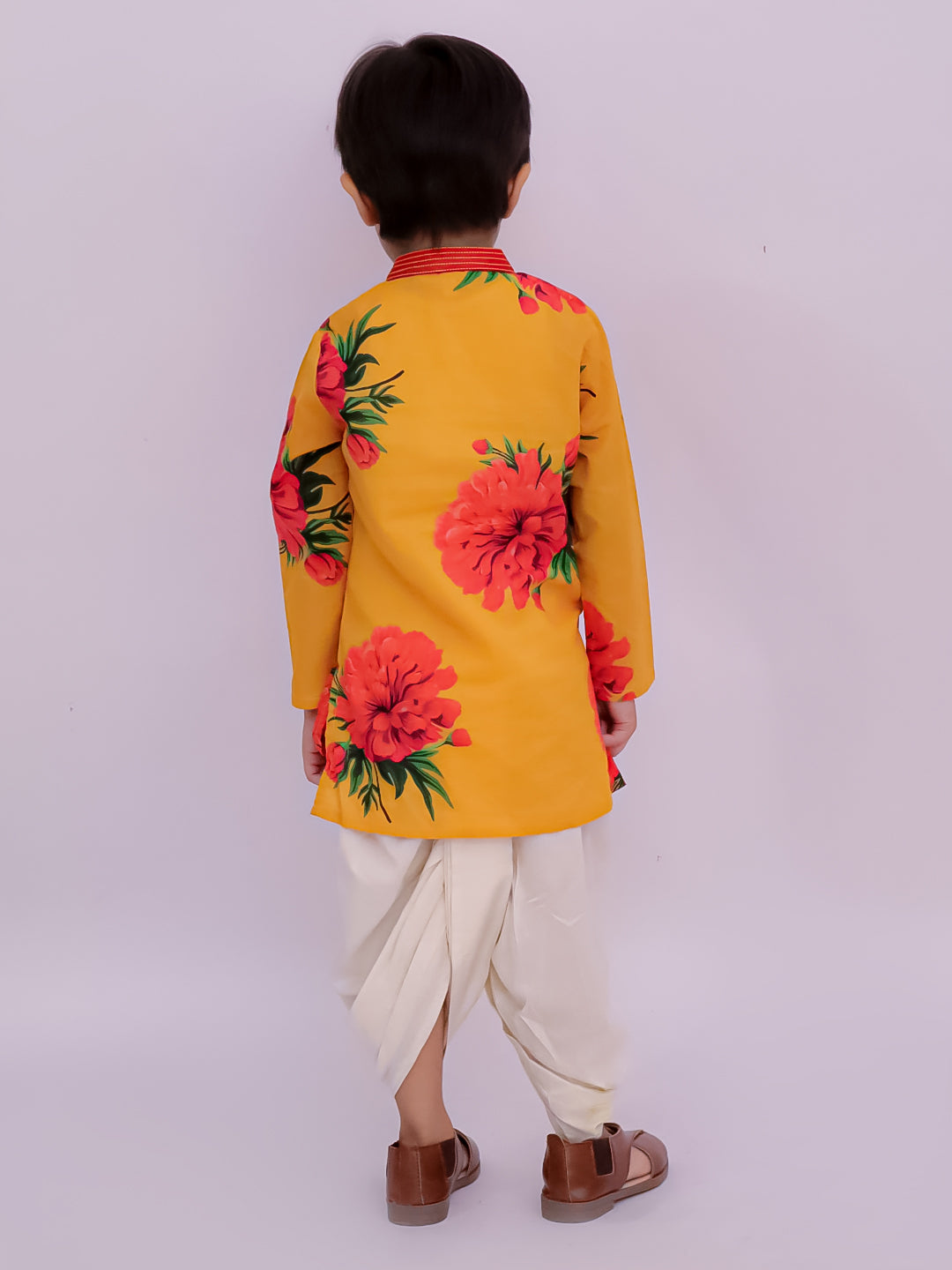 Genda Phool Mustard Kurta and White Dhoti Set for Boys