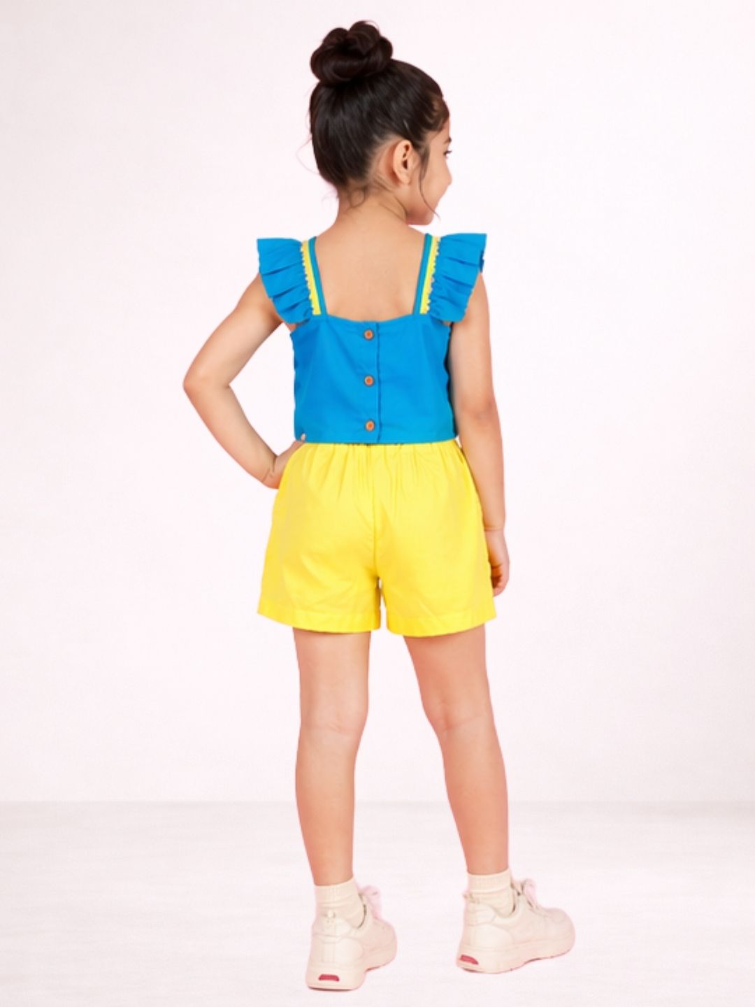 Petal Play Girls Blue Cotton Top with Yellow Shorts Set