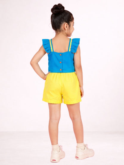 Petal Play Girls Blue Cotton Top with Yellow Shorts Set