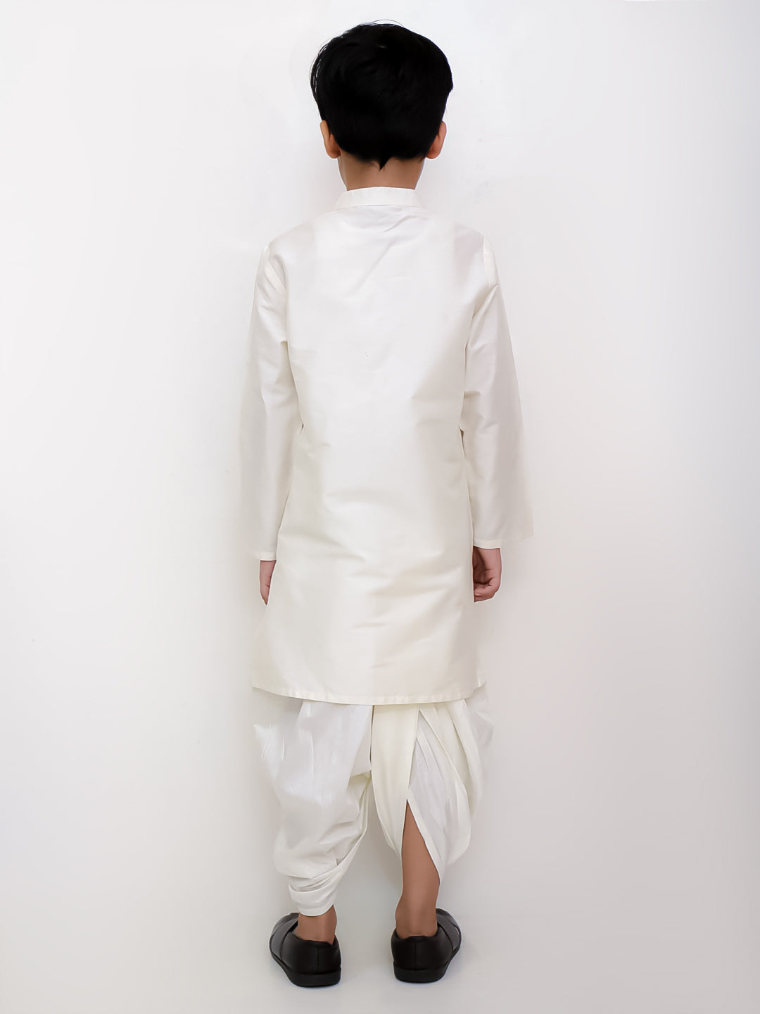 Genda Phool White Kurta and Dhoti with Mustard Jacket Set for Boys