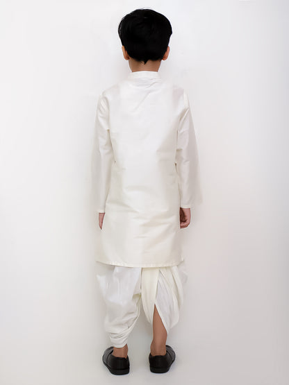 Genda Phool White Kurta and Dhoti with Mustard Jacket Set for Boys