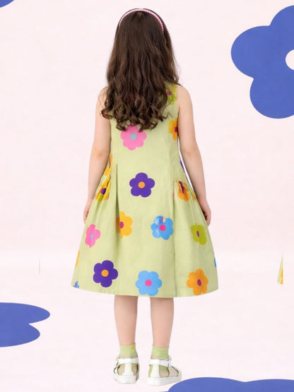 Petal Play Girls Green Cotton Floral Dress