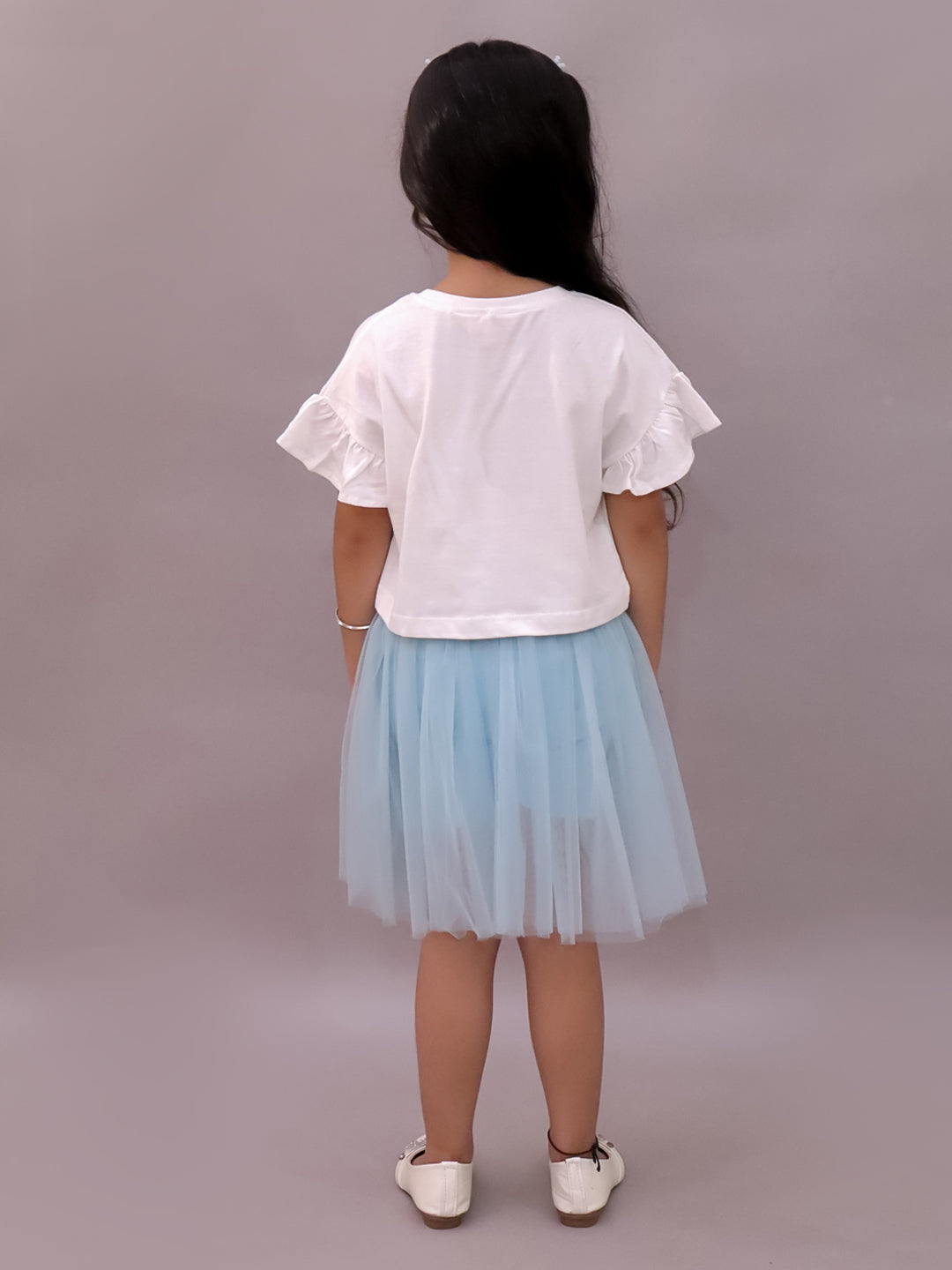 Paris Night White T-shirt with Blue Skirt Set For Girls
