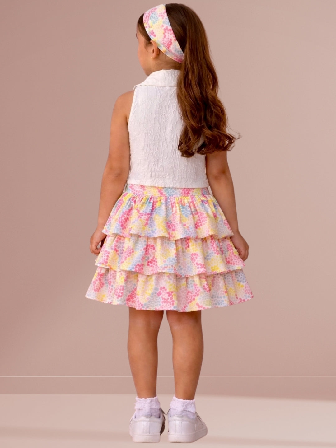 Citrus Crush Girls White Cotton Top and Multi Skirt