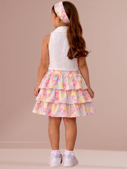 Citrus Crush Girls White Cotton Top and Multi Skirt