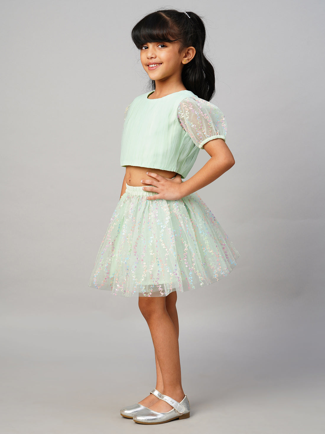 Paris Nights Girls Sea Green 3D Flower Party Skirt with Top set
