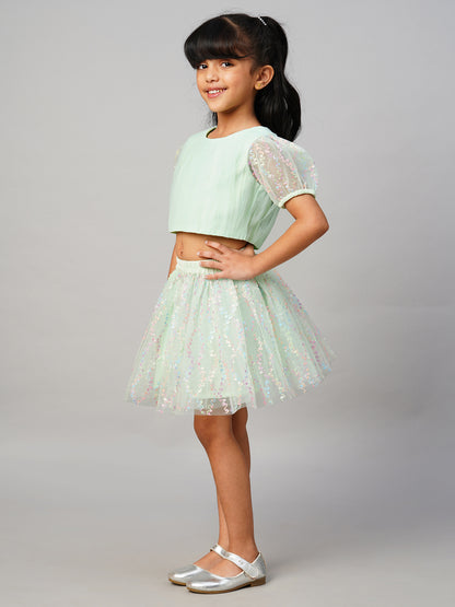 Paris Nights Girls Sea Green 3D Flower Party Skirt with Top set