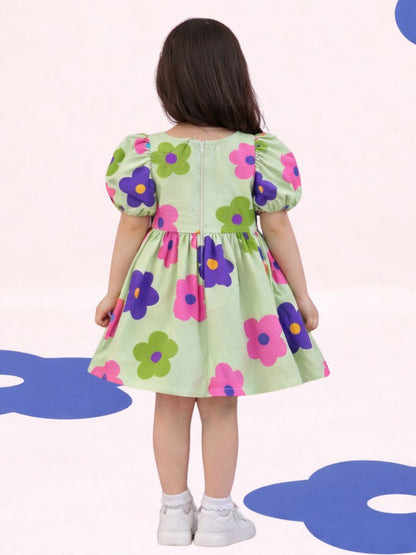 Petal Play Girls Cotton Green Floral Dress