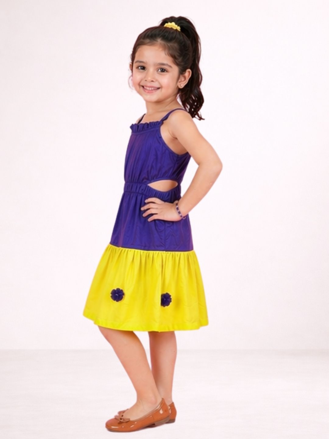 Petal Play Girls Cotton Purple and Yellow Dress