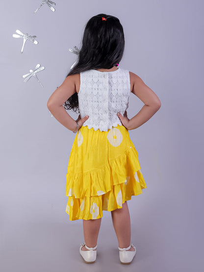 Shibori Print White Top with Yellow Skirt Set For Girls