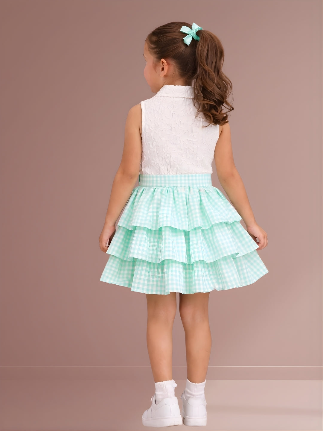 Citrus Crush Girls White Cotton Top and Green Skirt
