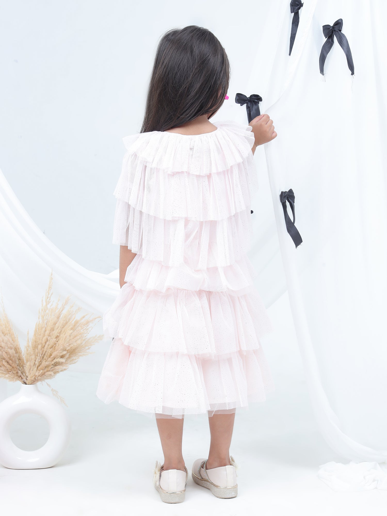 Lil Drama Sleeveless Layered Sequens Work Dress with Net Shrug