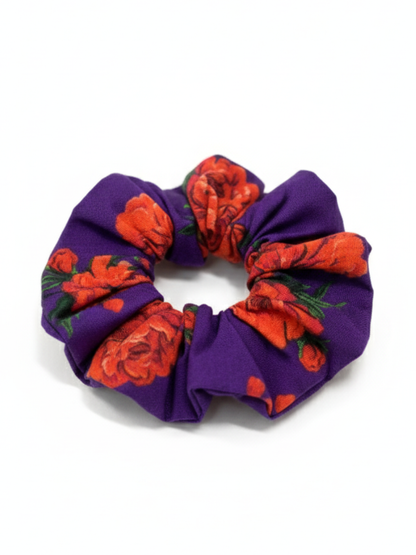 Lil Drama Floral Print Purple and Red Rose Pattern Hair Scrunchie - Purple