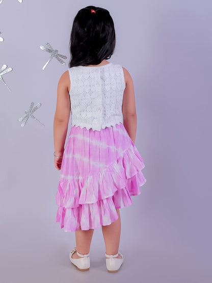 Shibori Print White Top with Pink Skirt Set For Girls