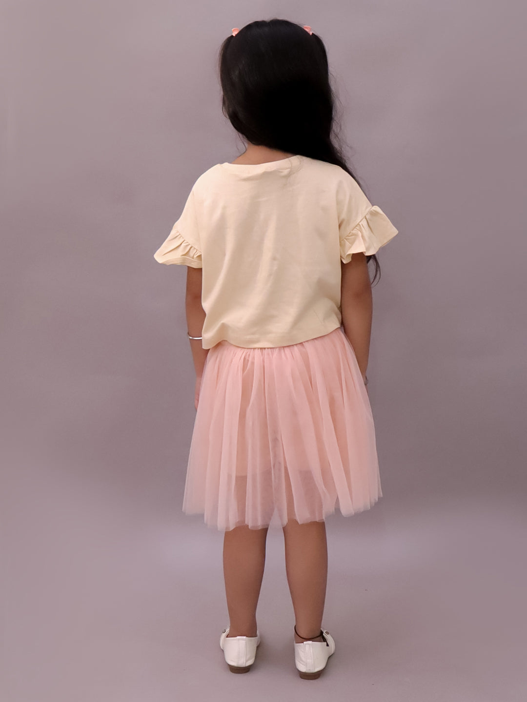 Paris Night Off White T-shirt with Peach Skirt Set For Girls