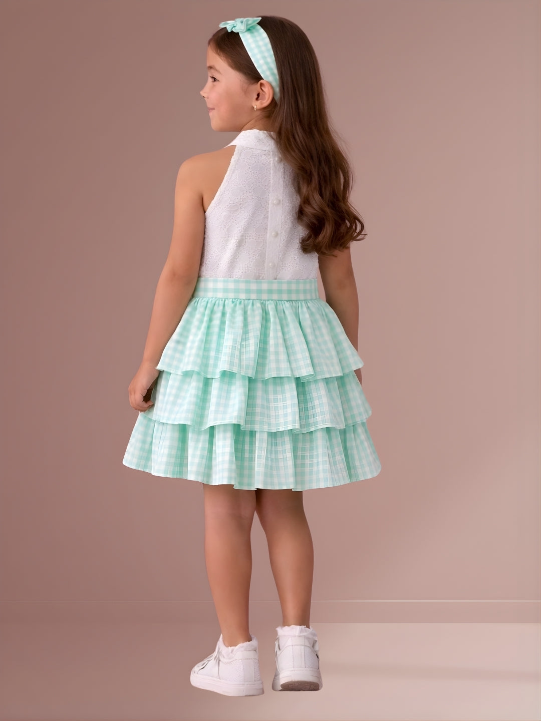 Citrus Crush Girls White Cotton Top and Green Skirt